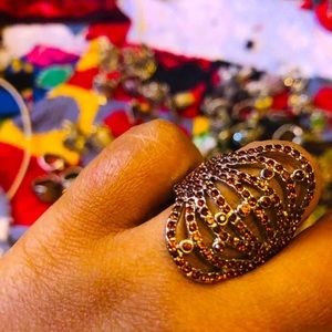 RED JEWELED SILVER STRETCHY RING